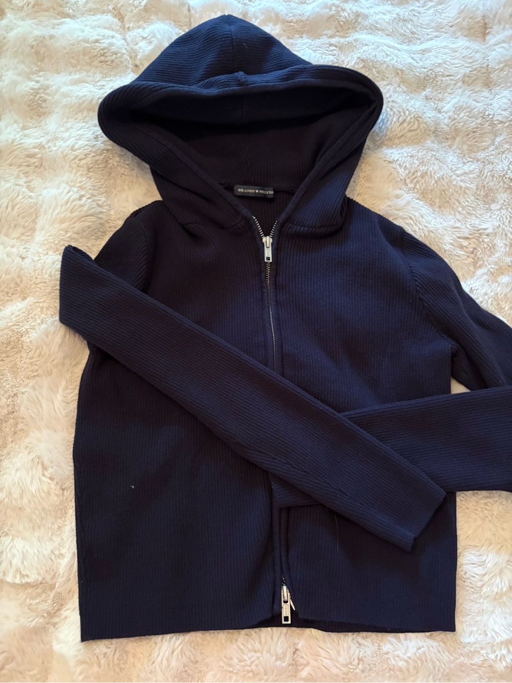 Brandy Melville Navy Ribbed Zip-Up Hoodie